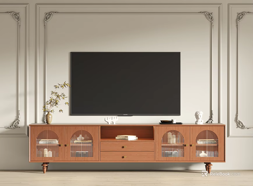 Elegant Wooden TV Stand with Glass Door Cabinets TV and Decorative Ornaments 3d model 
