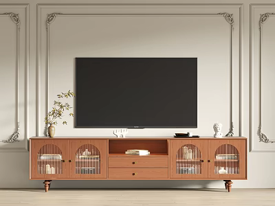 Elegant Wooden TV Stand with Glass Door Cabinets TV and Decorative Ornaments 3d model