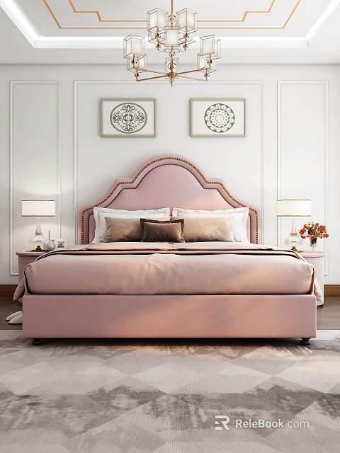 Elegant Pink Double Bed with Curved Headboard Nightstands Table Lamps and Wall Decor 3d model 
