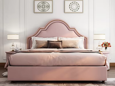 Elegant Pink Double Bed with Curved Headboard Nightstands Table Lamps and Wall Decor 3d model