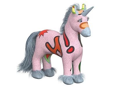 Playful Pink Stuffed Unicorn Doll With Gray Mane Tail Colorful Patterns And Decorated Horn 3d model