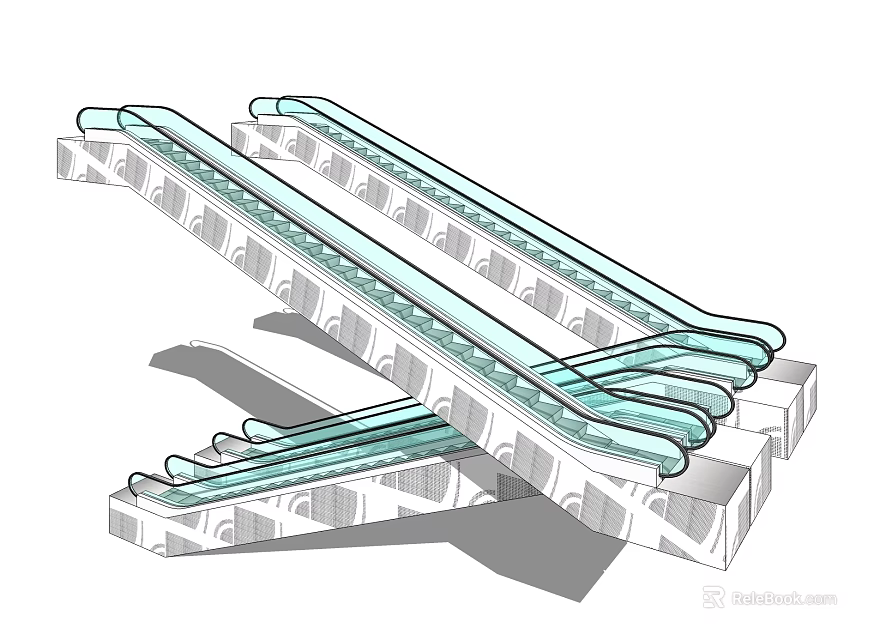 Structural Escalator Components With Transparent Handrails Metal Frames And Steps 3d model 