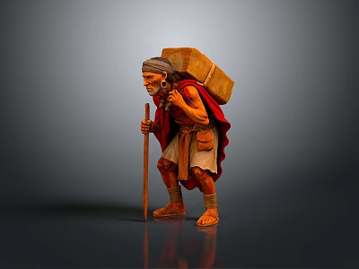 Hunchbacked Elderly Man Carrying Large Box With Wooden Walking Stick And Simple Robe 3d model
