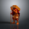 Hunchbacked Elderly Man Carrying Large Box With Wooden Walking Stick And Simple Robe