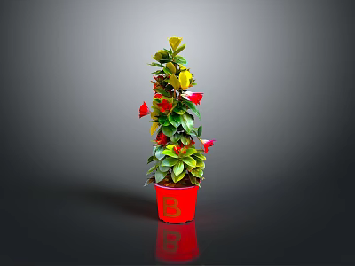 Decorative Potted Plant With Green Leaves And Red Flowers In Red Pot 3d model