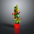 Decorative Potted Plant With Green Leaves And Red Flowers In Red Pot