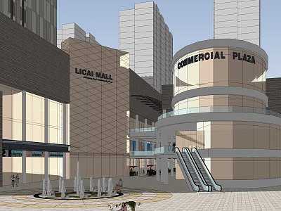 Modern Commercial Plaza With Local Mall Escalators Fountains And Pedestrian Area 3d model