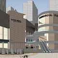 Modern Commercial Plaza With Local Mall Escalators Fountains And Pedestrian Area