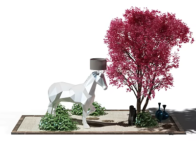 Garden Decor Featuring White Geometric Horse Sculpture Red Leaf Tree And Green Shrubs 3d model