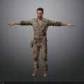 3D Male Character In Military Uniform With Arms Outstretched Standing On Gray Background