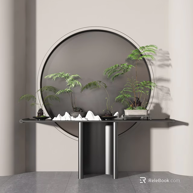 Modern Console Table With Circular Mirror Green Plants And Rock Decorations 3d model 
