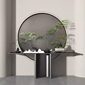 Modern Console Table With Circular Mirror Green Plants And Rock Decorations 3d model