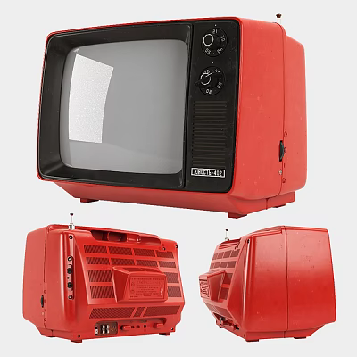 Red Vintage TV Set With Knobs And Antenna Displayed In Multiple Angles 3d model
