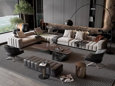 Modern Living Room Sectional Sofa Coffee Table Set With Pillows Floor Lamp And Area Rug 3d model