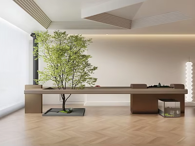 Modern Interior Design Featuring Long Table Green Tree Brown Sofa And Herringbone Floor 3d model