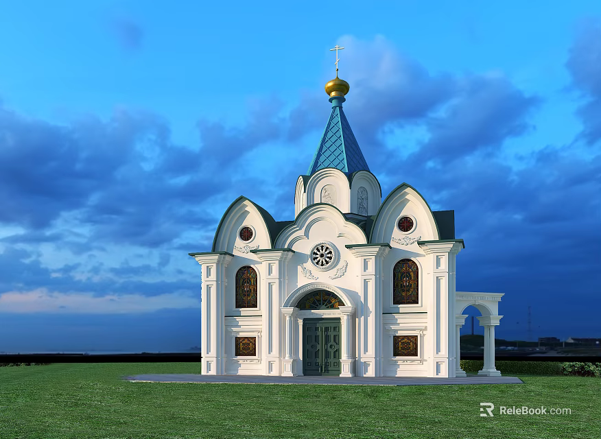 Traditional European Architecture With White Exterior Green Spire Golden Ornament And Arched Windows 3d model 