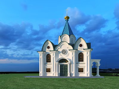 Traditional European Architecture With White Exterior Green Spire Golden Ornament And Arched Windows 3d model