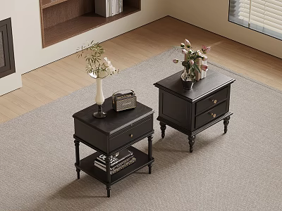 Black Bedside Tables With Drawers Shelves Vintage Radio Books And Floral Vases 3d model