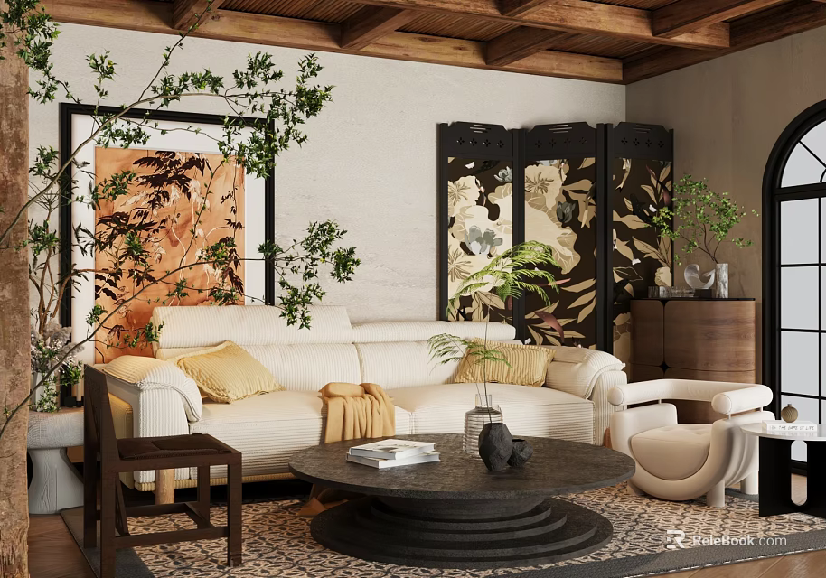 Modern Living Room Interior Design With White Sofa Wooden Ceiling Decorative Screen And Plants 3d model 