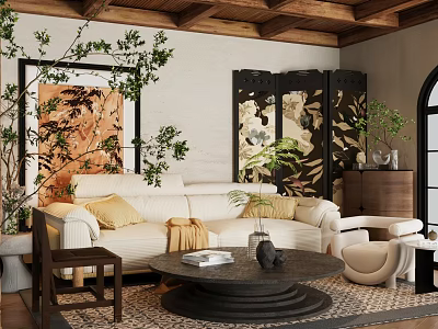 Modern Living Room Interior Design With White Sofa Wooden Ceiling Decorative Screen And Plants 3d model