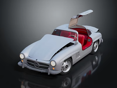 Vintage Classic Car with Gullwing Doors Silver Body Red Interior Retro Design 3d model