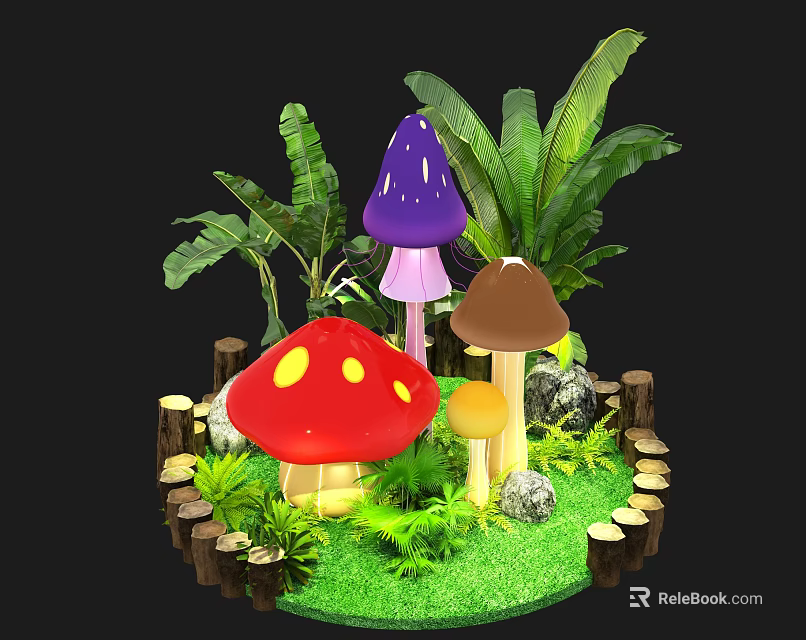 Vibrant Garden Flowers With Red Purple Brown Mushrooms Green Leaves And Wooden Logs 3d model 