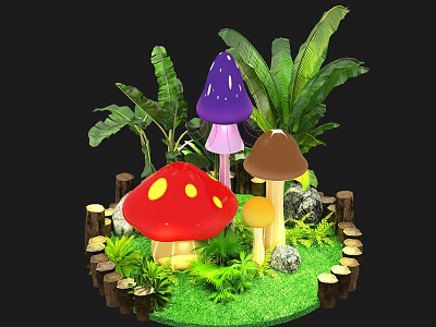 Vibrant Garden Flowers With Red Purple Brown Mushrooms Green Leaves And Wooden Logs 3d model
