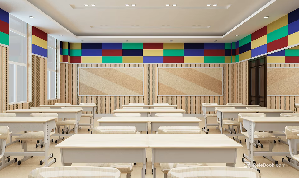 Modern School Classroom Interior With Colorful Walls Desks And Bulletin Boards 3d model 