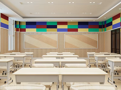 Modern School Classroom Interior With Colorful Walls Desks And Bulletin Boards 3d model