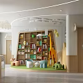 Kindergarten Interior Design With Wooden Bookshelf Arched Doorway Books And Toys