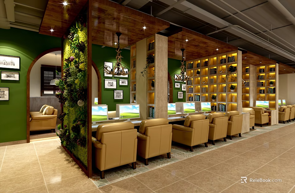 Modern Internet Cafe Interior With Computers Green Plants Bookshelves And Comfortable Chairs 3d model 