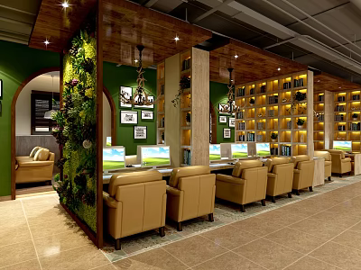 Modern Internet Cafe Interior With Computers Green Plants Bookshelves And Comfortable Chairs 3d model