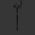 Ornate Battle Axe With Metallic Carved Head Purple Accents Braided Rope And Wooden Handle