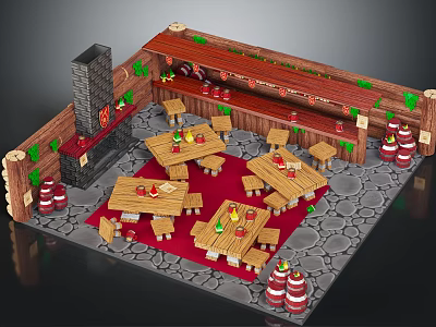 Medieval Tavern Interior With Wooden Tables Chairs Red Carpet Barrels And Stone Fireplace 3d model
