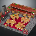 Medieval Tavern Interior With Wooden Tables Chairs Red Carpet Barrels And Stone Fireplace