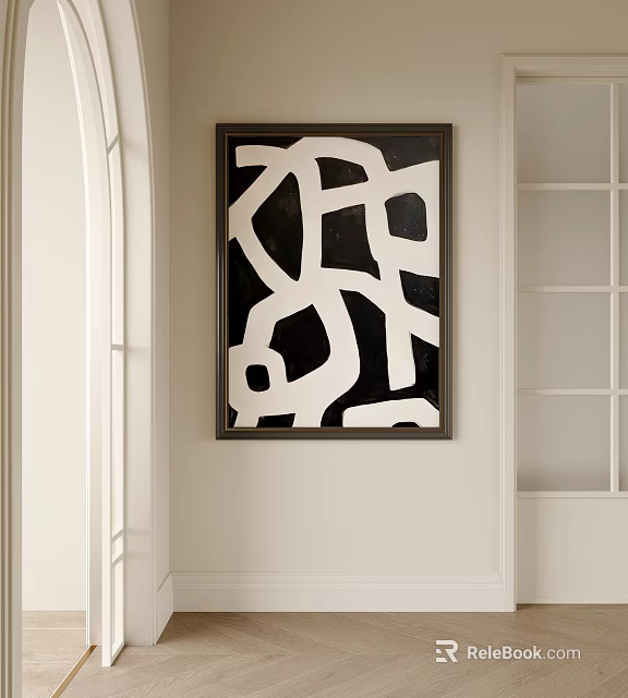 Black and White Abstract Painting with Dark Frame Hung on White Wall Featuring Geometric Patterns 3d model
