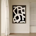 Black and White Abstract Painting with Dark Frame Hung on White Wall Featuring Geometric Patterns 3d model
