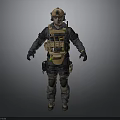 Tactical Operator In Full Gear With Helmet Goggles And Vest Standing On Gray Background