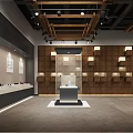 Cultural Center Interior Design With Artwork Exhibits Display Stands And Decorative Pendants