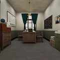 Vintage Office Interior With Wooden Desk Chairs Globe Calendar Blackboard And Green Curtains