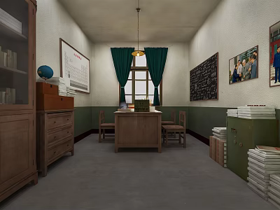 Vintage Office Interior With Wooden Desk Chairs Globe Calendar Blackboard And Green Curtains 3d model