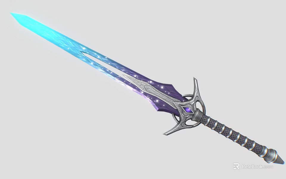 Fantasy Mythical Sword with Blue Glowing Blade Purple Starry Patterns Silver Intricate Hilt Gemstone Accent 3d model 