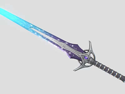 Fantasy Mythical Sword with Blue Glowing Blade Purple Starry Patterns Silver Intricate Hilt Gemstone Accent 3d model