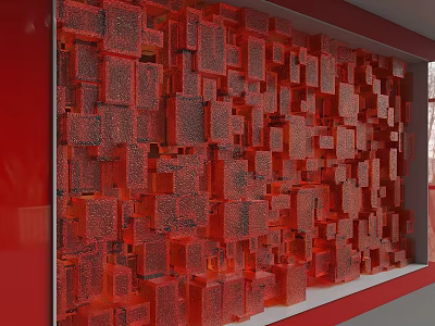 Red Background Wall With Varied Size Cubes And 3D Textured Modern Design 3d model