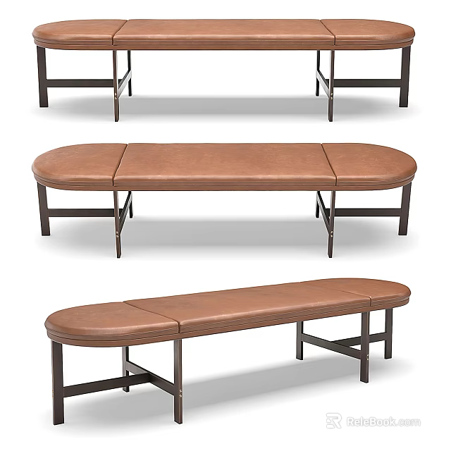 Modern Public Bench With Brown Leather Seating And Metal Frame Design 3d model 
