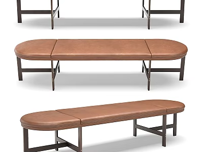 Modern Public Bench With Brown Leather Seating And Metal Frame Design 3d model