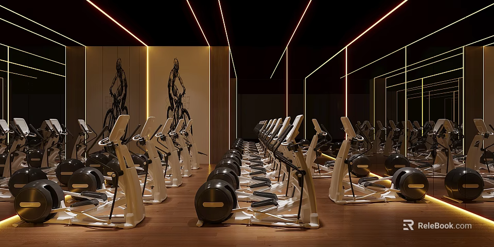 Modern Gym Interior Equipped With Spin Bikes And Fitness Gear 3d model 