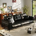 Black Leather Three Seater Sofa With Black And White Checkered Cushion In Bright Living Room