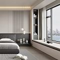 Modern Bedroom Interior Design With Gray Wall Dark Headboard Striped Rug And Large Window