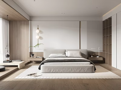 Modern Minimalist Bedroom Interior Design With Wooden Accents Platform Bed And Area Rug 3d model